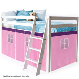 Kingston Slumber Wooden Kids Single Loft Bed Frame - Hiding Space Underneath with Interchangeable Pink and Blue Curtains - RnR Galore