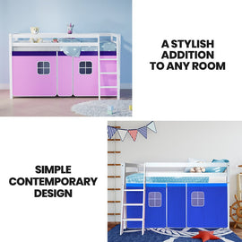 Kingston Slumber Wooden Kids Single Loft Bed Frame - Hiding Space Underneath with Interchangeable Pink and Blue Curtains - RnR Galore