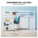 KINGSTON SLUMBER Wooden Kids Single Loft Bed Frame with Pull Out Desk, Storage Drawers, Cabinet - White - RnR Galore