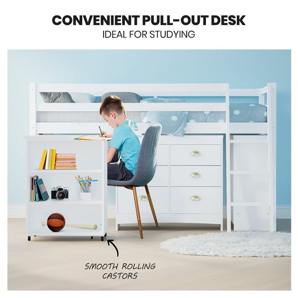 KINGSTON SLUMBER Wooden Kids Single Loft Bed Frame with Pull Out Desk, Storage Drawers, Cabinet - White - RnR Galore