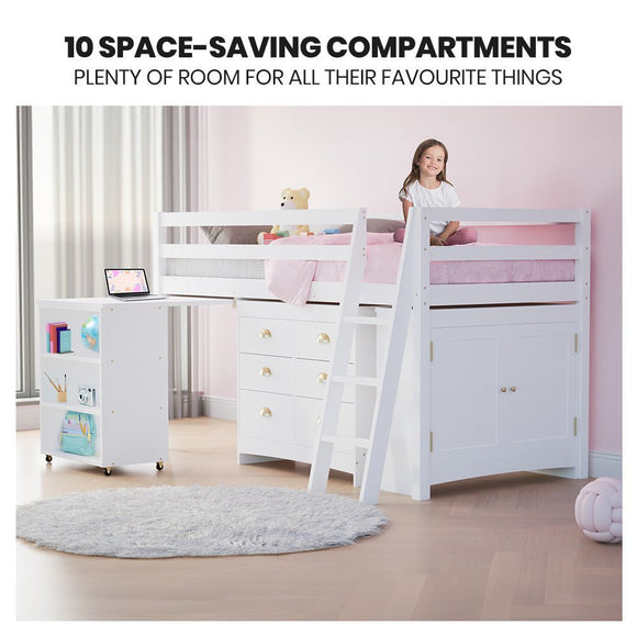 KINGSTON SLUMBER Wooden Kids Single Loft Bed Frame with Pull Out Desk, Storage Drawers, Cabinet - White - RnR Galore