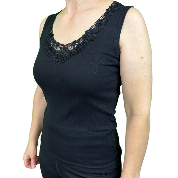 Ladies Sleeveless Singlet Top Womens Summer Basic Tank Shirt Lace Motif Front - Black - 20 - 22 - RnR Galore
