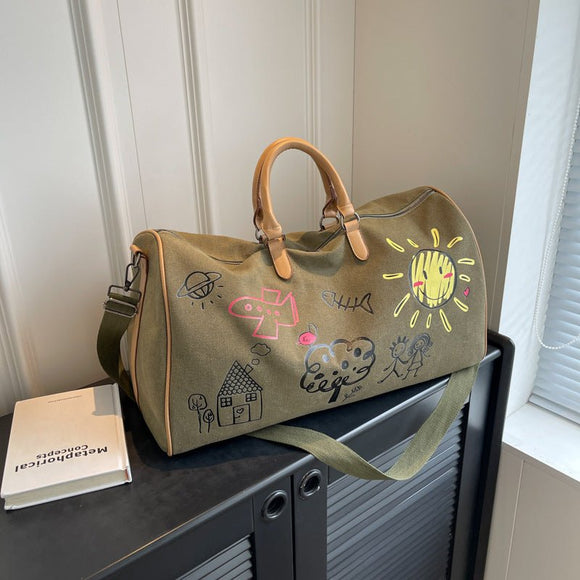Large Capacity Canvas Travel Duffel Bag with Doodle Print - Weekend & Gym Tote(Coffee) - RnR Galore
