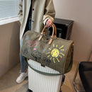 Large Capacity Canvas Travel Duffel Bag with Doodle Print - Weekend & Gym Tote(Coffee) - RnR Galore
