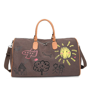 Large Capacity Canvas Travel Duffel Bag with Doodle Print - Weekend & Gym Tote(Coffee) - RnR Galore