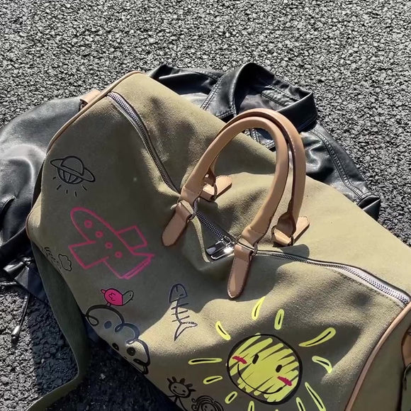 Large Capacity Canvas Travel Duffel Bag with Doodle Print - Weekend & Gym Tote(Green) - RnR Galore