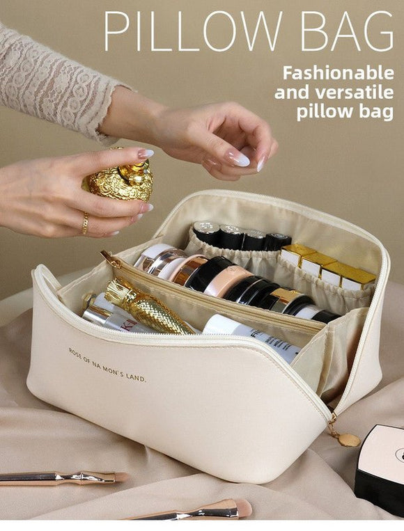 Large Capacity Travel Cosmetic Bag Portable PU Leather Pillow Pouch Waterproof Make Up Organiser Toiletry Case with Handle Apricot White - RnR Galore