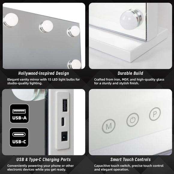 LED Beauty Mirror with 15 Bulbs, Colour Settings, USB A and USB C, White, 58 × 48cm - RnR Galore
