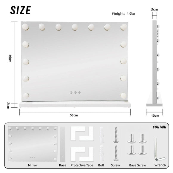 LED Beauty Mirror with 15 Bulbs, Colour Settings, USB A and USB C, White, 58 × 48cm - RnR Galore