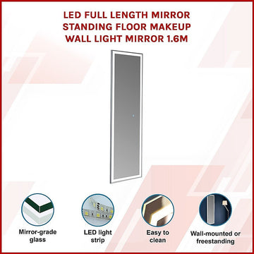 LED Full Length Mirror Standing Floor Makeup Wall Light Mirror 1.6M - RnR Galore