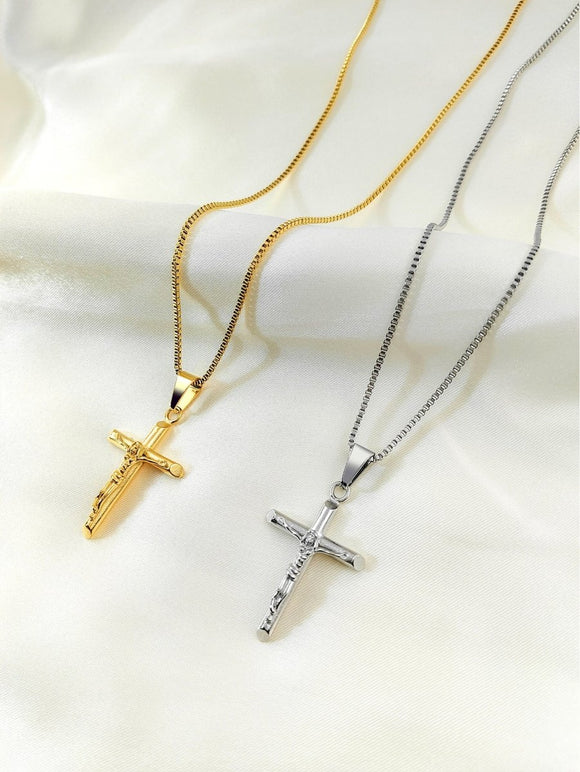 Men's Vintage Cross Pendant Necklace 2 - Piece Set – Includes Classic Steel & Luxury Gold Titanium Steel Chains (60cm Box Chain) - RnR Galore