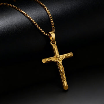 Men's Vintage Gold Cross Pendant Necklace Stainless Steel Titanium Steel Sweater Chain – Luxury Gold Finish with 60cm Box Chain - RnR Galore
