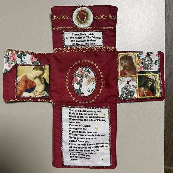 Mini Handcrafted Catholic Pocket Shrine – Foldable Prayer Altar with Silver Cross, Religious Art & Embroidered Prayers, Portable Faith Companion, 6.5 x 5.5 Inches (Blue) - RnR Galore
