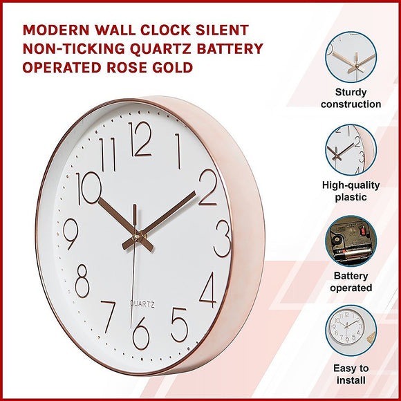 Modern Rose Gold Wall Clock – Silent Non - Ticking Quartz Battery Operated Design - RnR Galore
