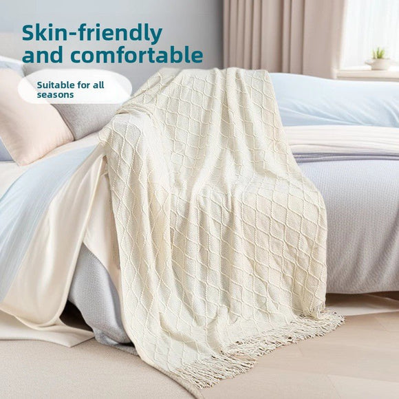 Morandi blue Nordic Knitted Throw Blanket with Tassels 130x230cm Soft Acrylic Diamond Pattern Sofa Cover Bed Runner and Travel Blanket - RnR Galore