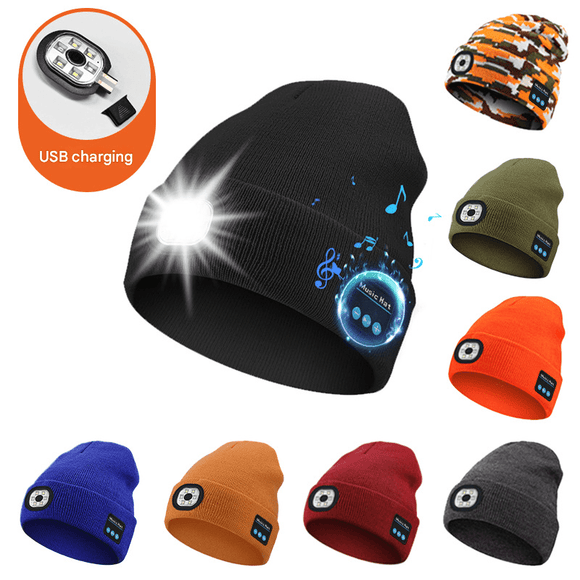 Navy blue Wireless Bluetooth Beanie Hat with USB Rechargeable LED Headlight - Unisex Knit Cap for Running & Camping - RnR Galore