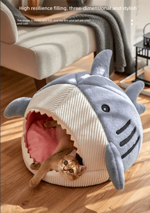 Novelty Shark Pet Cave Bed Enclosed Cozy Sleeping Nest for Cats and Small Dogs Soft Flannel Year Round Comfort Light Blue L Size - RnR Galore