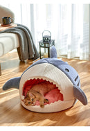 Novelty Shark Pet Cave Bed Enclosed Cozy Sleeping Nest for Cats and Small Dogs Soft Flannel Year Round Comfort Light Blue M Size - RnR Galore