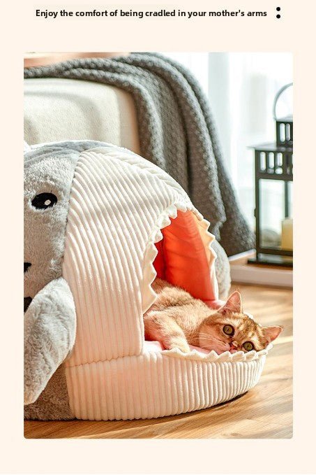 Novelty Shark Pet Cave Bed Enclosed Cozy Sleeping Nest for Cats and Small Dogs Soft Flannel Year Round Comfort Light Blue M Size - RnR Galore