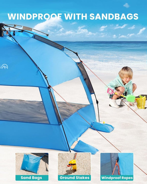 OutdoorMaster Pop Up 3 - 4 Person Beach Tent X - Large - Easy Setup, Portable Beach Shade Canopy Folding Sun Shelter with UPF 50+ UV Protection Removable Skylight Family Size (Blue) - RnR Galore