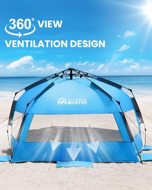 OutdoorMaster Pop Up 3 - 4 Person Beach Tent X - Large - Easy Setup, Portable Beach Shade Canopy Folding Sun Shelter with UPF 50+ UV Protection Removable Skylight Family Size (Blue) - RnR Galore