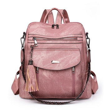 Pink Chic Women's PU Leather Convertible Backpack - Anti - Theft Design, Multi - Pocket Shoulder Bag with Tassel - RnR Galore
