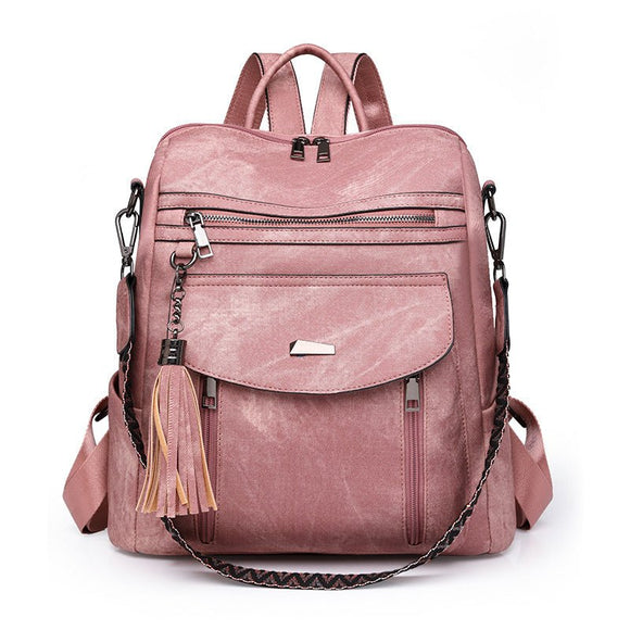 Pink Chic Women's PU Leather Convertible Backpack - Anti - Theft Design, Multi - Pocket Shoulder Bag with Tassel - RnR Galore