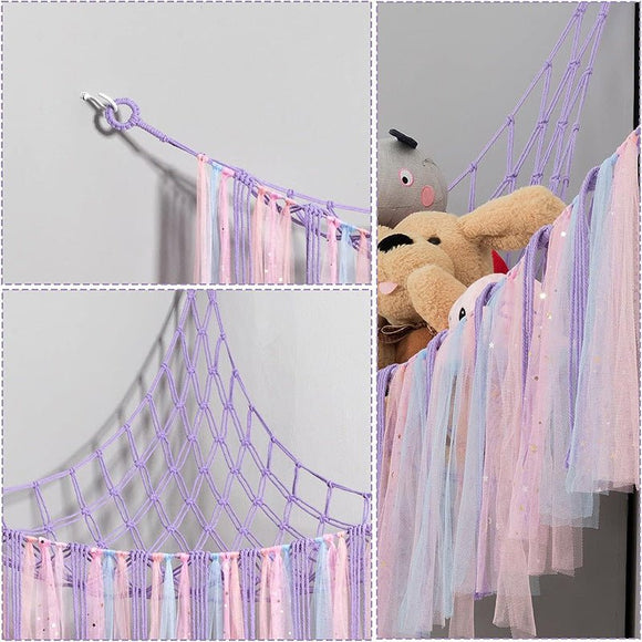 Pink Corner Plush Toy Organizer (100x100x150cm) with Ribbon Accent & Installation Kit - Handwoven Cotton Mesh Toy Storage Hammock - RnR Galore
