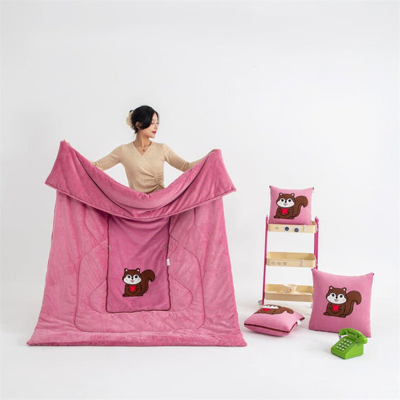 Pink Little Squirrel - 2 - in - 1 Foldable Car Pillow Blanket - Cozy 40x40cm Pillow, Unfolds to 100x150cm Blanket for Travel and Office Naps - RnR Galore