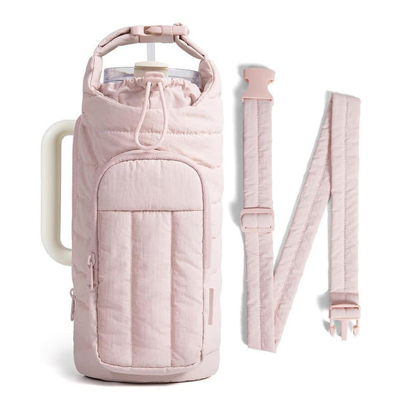 Pink Nylon Quilted Insulated Water Bottle Bag for 18 - 64oz Flask - Lightweight Sports & Travel Puffer Shockproof Protective Pouch - RnR Galore