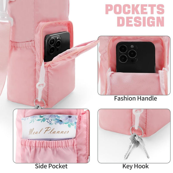 Pink Protective Crossbody Water Bottle Holder with Pockets, Fits 40oz Stanley Tumbler - RnR Galore