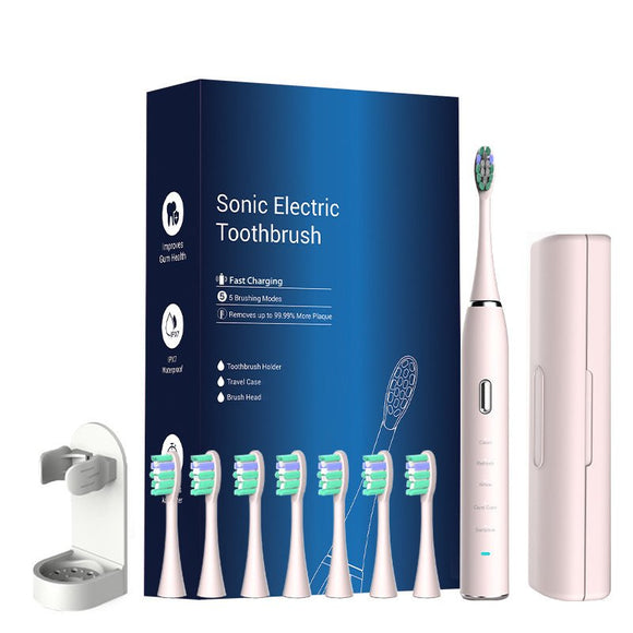 Pink Sonic Rechargeable Electric Toothbrush with 8 Heads & Travel Case - 5 Brushing Modes & Smart Timer(USB) - RnR Galore