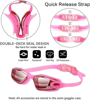 Pink Swim Goggles Set with Cap, Nose Clip, Earplugs & Case: Anti - Fog UV Protection for Men & Women - RnR Galore