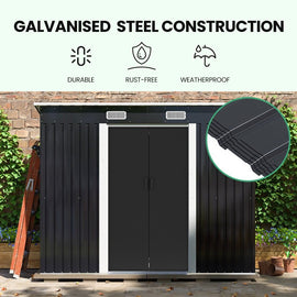 PlantCraft Galvanised Steel Garden Shed 2.38 x 1.31 x 1.82m, with 2 Sliding Doors, 2 Air Vents, Skillion Roof, Floor Frame - RnR Galore