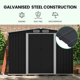 PLANTCRAFT Galvanised Steel Garden Shed 2.58 x 2.07 x 2.02m, with 2 Sliding Doors, 4 Air Vents, Gable Roof, Floor Frame, Black - RnR Galore