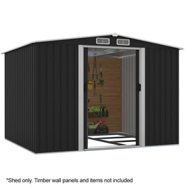 PLANTCRAFT Galvanised Steel Garden Shed 2.58 x 2.07 x 2.02m, with 2 Sliding Doors, 4 Air Vents, Gable Roof, Floor Frame, Black - RnR Galore