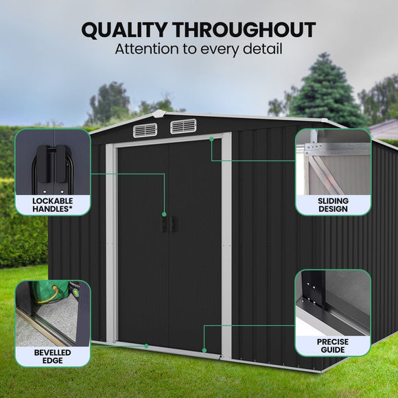 PlantCraft Galvanised Steel Garden Shed 2.58 x 3.13 x 2.02m, with 2 Sliding Doors, 4 Air Vents, Gable Roof, Floor Frame - RnR Galore
