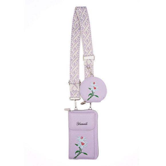 Purple Chic Floral Embroidered 2 - in - 1 Crossbody Phone Bag with Coin Purse - RnR Galore