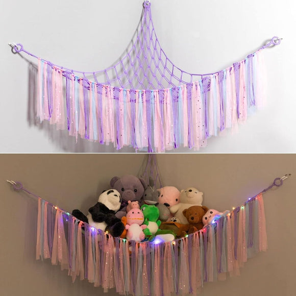 Purple Corner Plush Toy Organizer (100x100x150cm) with Ribbon Accent & Installation Kit - Handwoven Cotton Mesh Toy Storage Hammock - RnR Galore