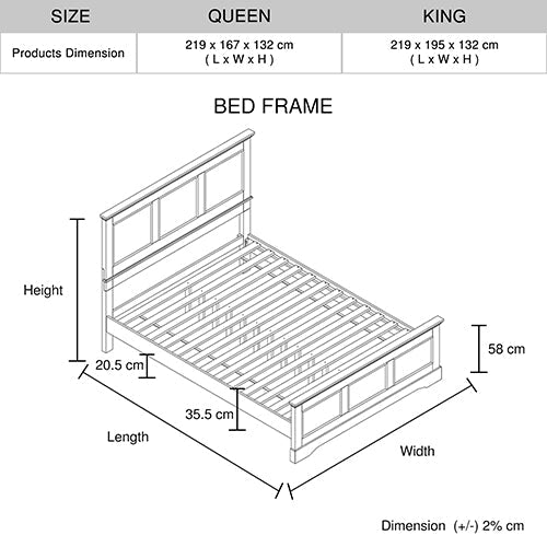 Queen Bed Frame in Solid Wood with Slats Support in Grey colour - RnR Galore