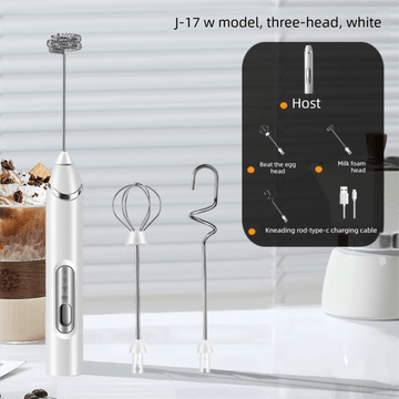 Rechargeable 3 - in - 1 Handheld Milk Frother Set - Electric Whisk with Egg Beater & Mixing Hook - 3 Speed Adjustable Foam Maker for Coffee, Lattes, Baking & Baby Food (White) - RnR Galore
