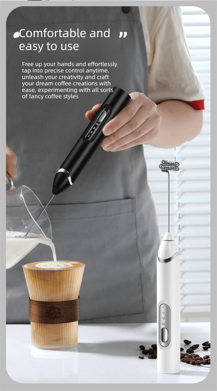 Rechargeable Electric Milk Frother with Metal Stand - Handheld Foam Maker & Egg Beater Set - 3 Speed Mixer with 2 Stainless Steel Whisks for Flat Whites, Lattes & Baking (Black) - RnR Galore