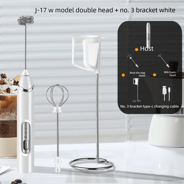 Rechargeable Electric Milk Frother with Metal Stand - Handheld Foam Maker & Egg Beater Set - 3 Speed Mixer with 2 Stainless Steel Whisks for Flat Whites, Lattes & Baking (White) - RnR Galore