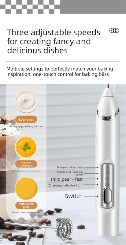 Rechargeable Electric Milk Frother with Metal Stand - Handheld Foam Maker & Egg Beater Set - 3 Speed Mixer with 2 Stainless Steel Whisks for Flat Whites, Lattes & Baking (White) - RnR Galore