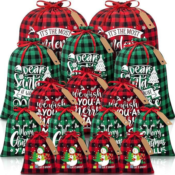 Red flannel Christmas Gift Drawstring Bags Set - Festive Burlap Style Pouches for Candy & Apples - Holiday Decoration - 10 Pcs - RnR Galore