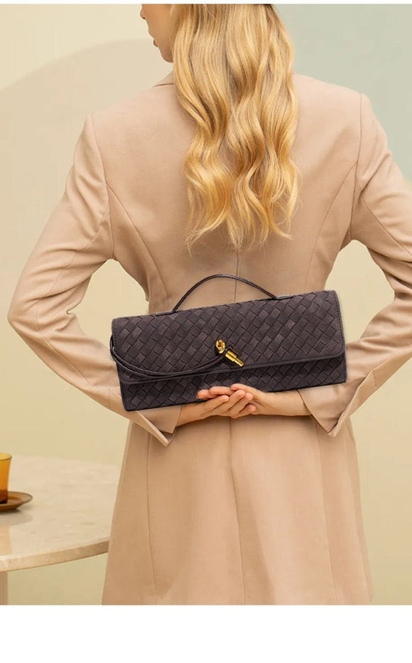 Retro Woven Baguette Handbag for Women Suede Texture PU Leather Shoulder Crossbody Bag Elegant Evening Clutch Brown - RnR Galore
