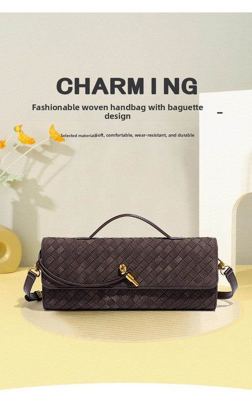Retro Woven Baguette Handbag for Women Suede Texture PU Leather Shoulder Crossbody Bag Elegant Evening Clutch Warm gray - RnR Galore