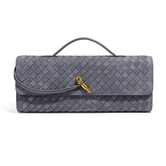 Retro Woven Baguette Handbag for Women Suede Texture PU Leather Shoulder Crossbody Bag Elegant Evening Clutch Warm gray - RnR Galore