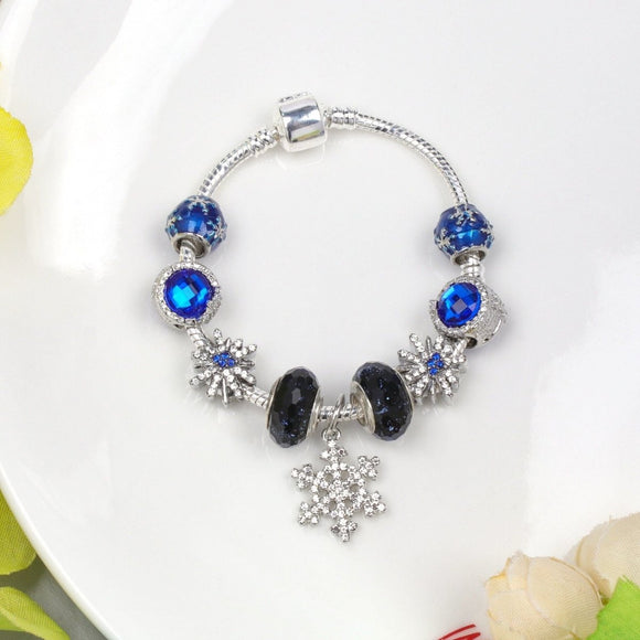 Rhinestone Blue Cat’s Eye Starry Glaze Beads Bracelet with Snowflake Pendant(19cm) - RnR Galore