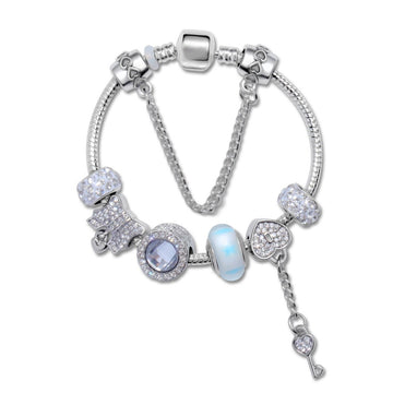 Rhinestone Cat's Eye Glass Bead Charm Bracelet - Heart Lock Pendant(18cm) - RnR Galore